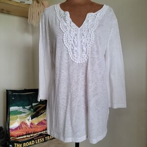 Emma James White Paisley Burnout Tunic Top Crochet Lace V-Neck 3/4 Sleeve Large